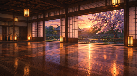 Anime-Illustration einer leeren japanischen Trainingshalle in der Dämmerung