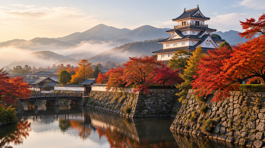 Japanischer Burgturm über herbstlichen Ahornbäumen und Burggraben
